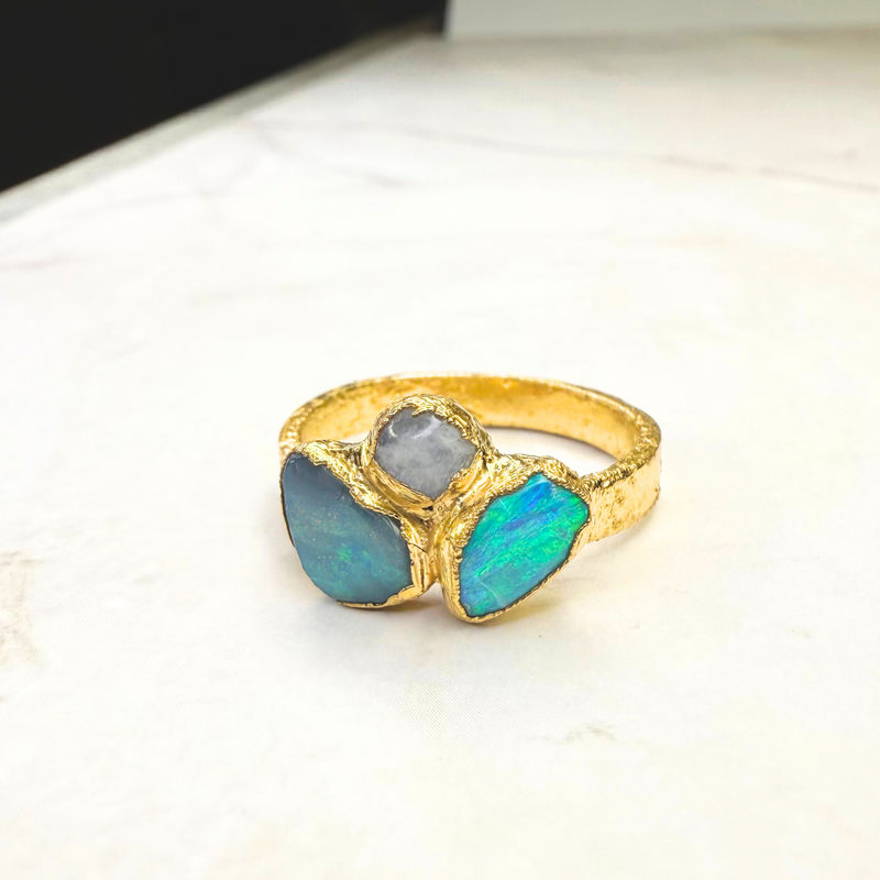 Ring 2 australische Opale - Mondstein, Gold plattiert, Größe 58