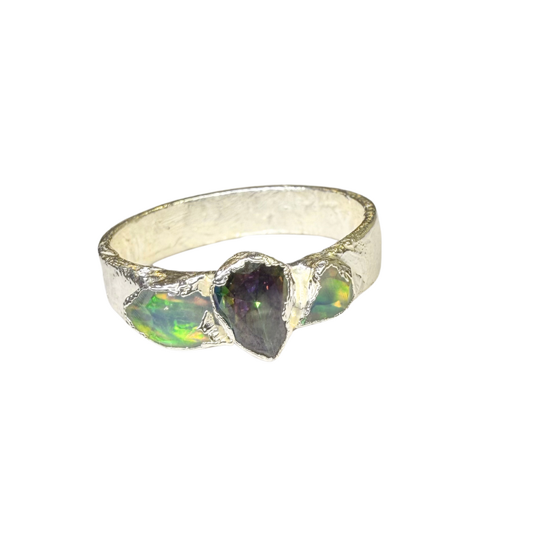 black raw crystal opal pendant with chain, silver 999