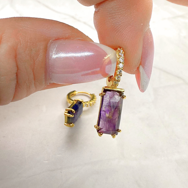 Creolen Ohrringe fester Anhänger mit Amethyst -Zirkonia, vergoldet
