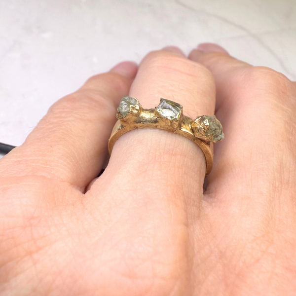 Ring 3 Roh Aquamarine, Gold plattiert, Größe 53
