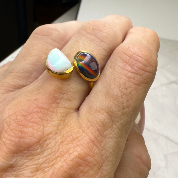 Ring white/black Aurora Opale, Gold plattiert, verstellbar