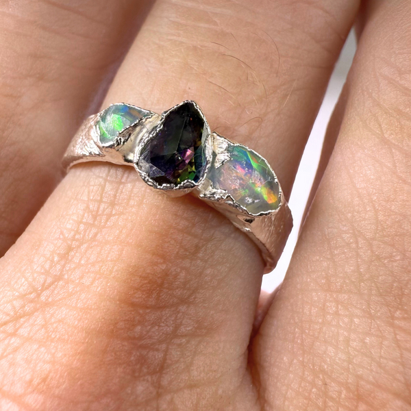 Ring Mystik Topas - 2 Roh Opale, Silber, Größe 56