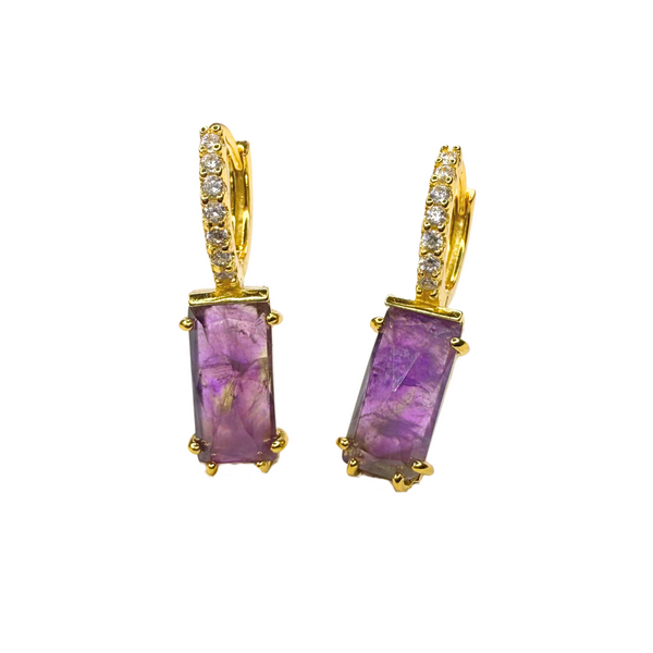 Creolen Ohrringe fester Anhänger mit Amethyst -Zirkonia, vergoldet