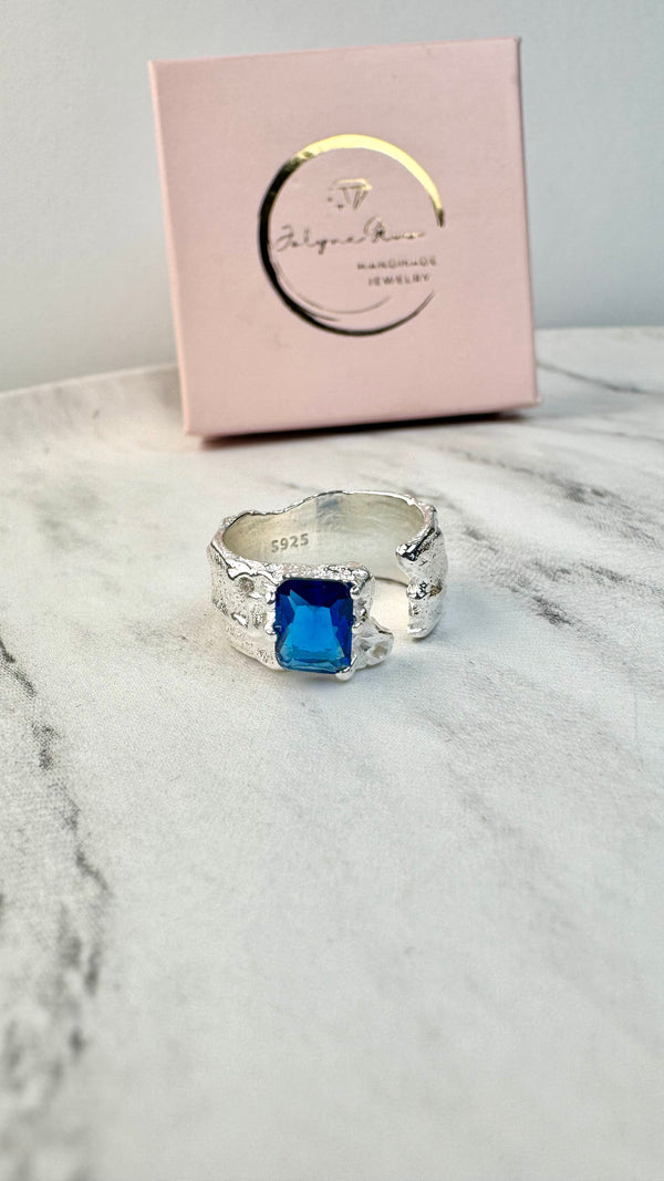 Breiter Ring mit blauem Zirkonia, Silber925, verstellbar