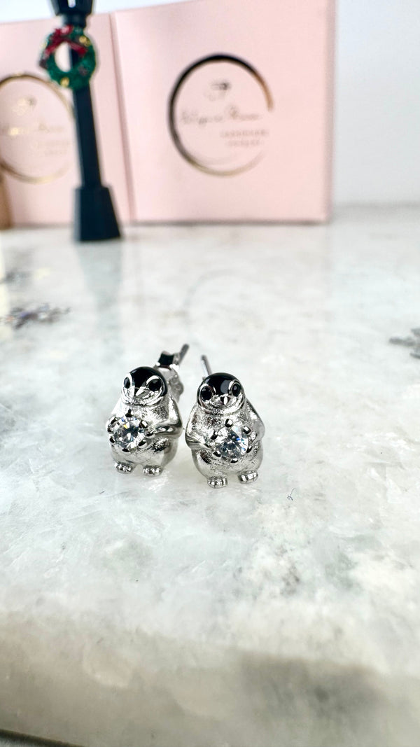 Ohrstecker Pinguin mit  Zirkonia, Silber925 und schwarzer Emaille