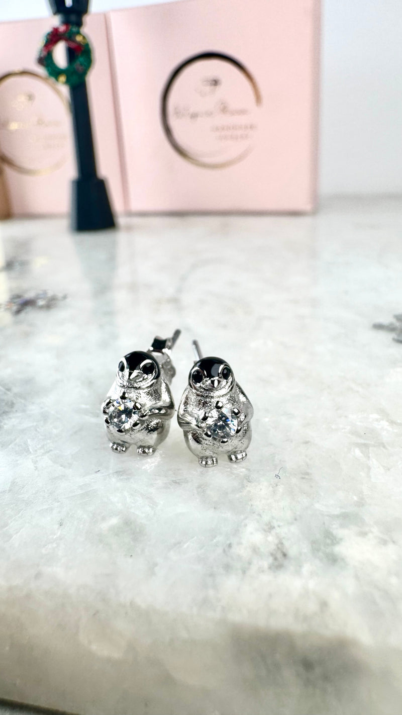 Ohrstecker Pinguin mit  Zirkonia, Silber925 und schwarzer Emaille