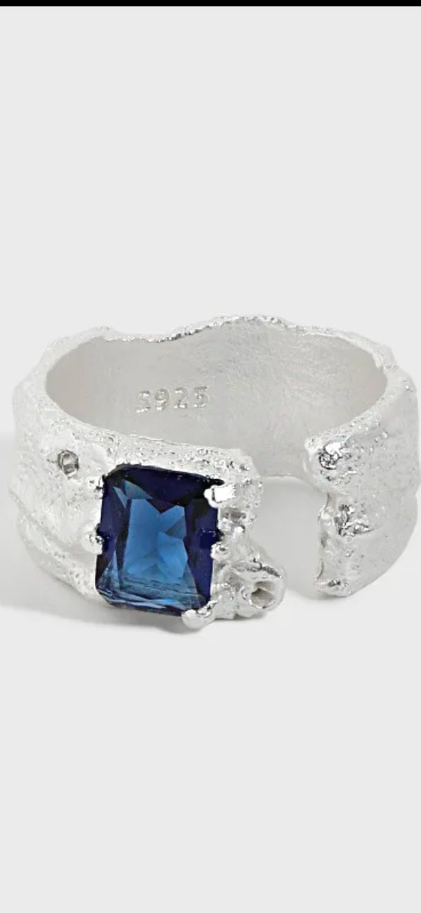 Breiter Ring mit blauem Zirkonia, Silber925, verstellbar