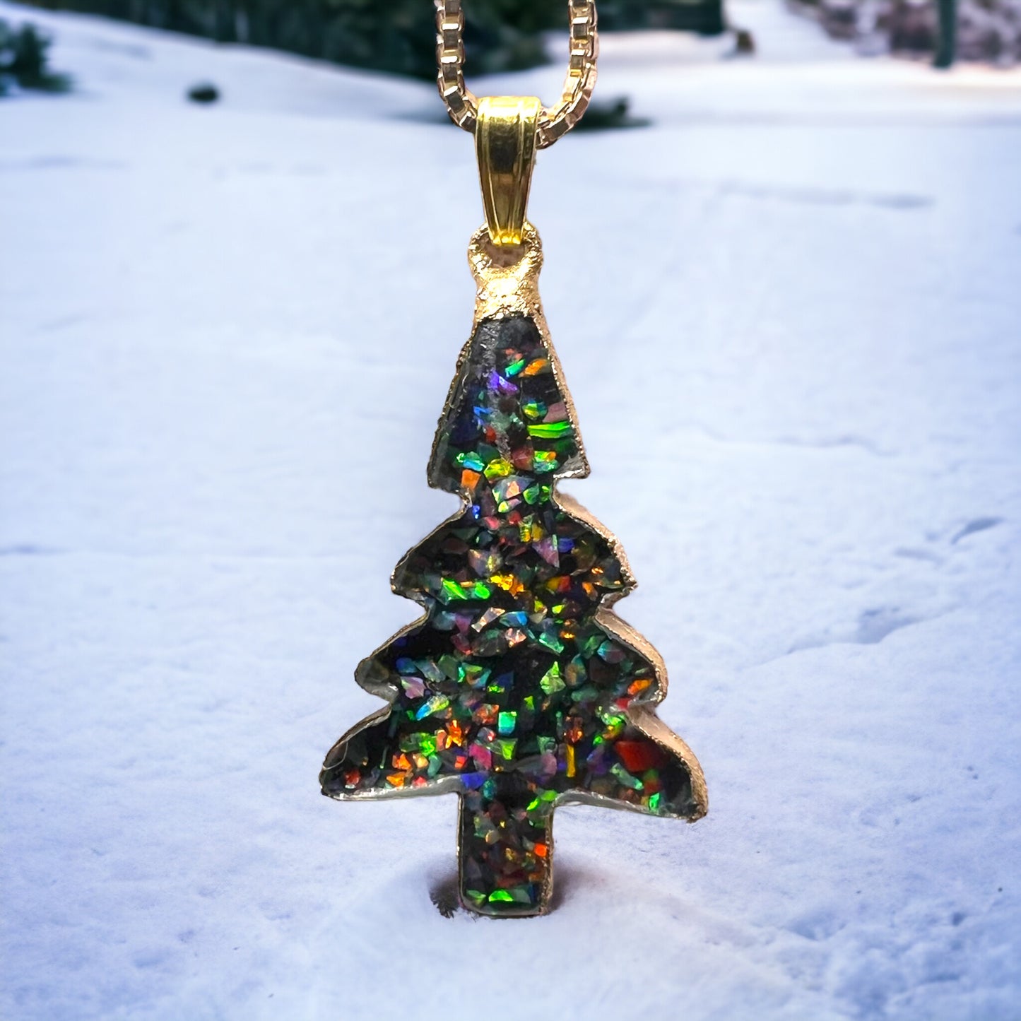 Kristall und Aurora Opal Mosaik Tannenbaum mit Kette, Silber - Gold plattiert