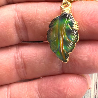 Aurora opal leaf pendant, carved, with chain, silver - gold plated