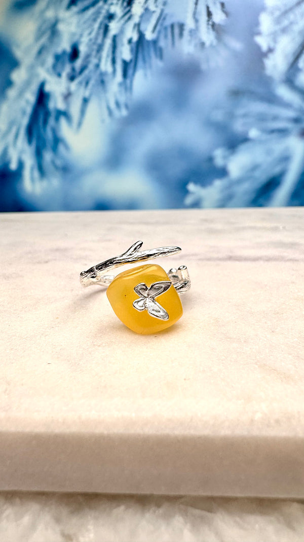 Bernstein mit Schmetterling Ring, verstellbar, Silber925