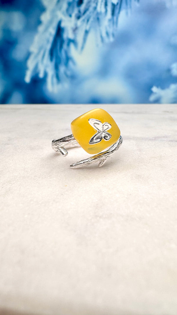 Bernstein mit Schmetterling Ring, verstellbar, Silber925