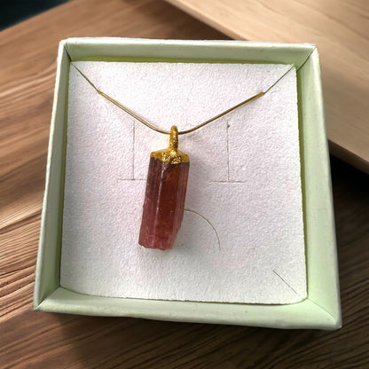 Pink tourmaline pendant with chain, silver - gold plated