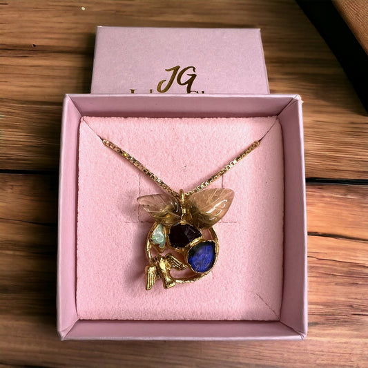 Pendant with citrine, opal, amethyst, moonstone, with chain, silver - gold plated