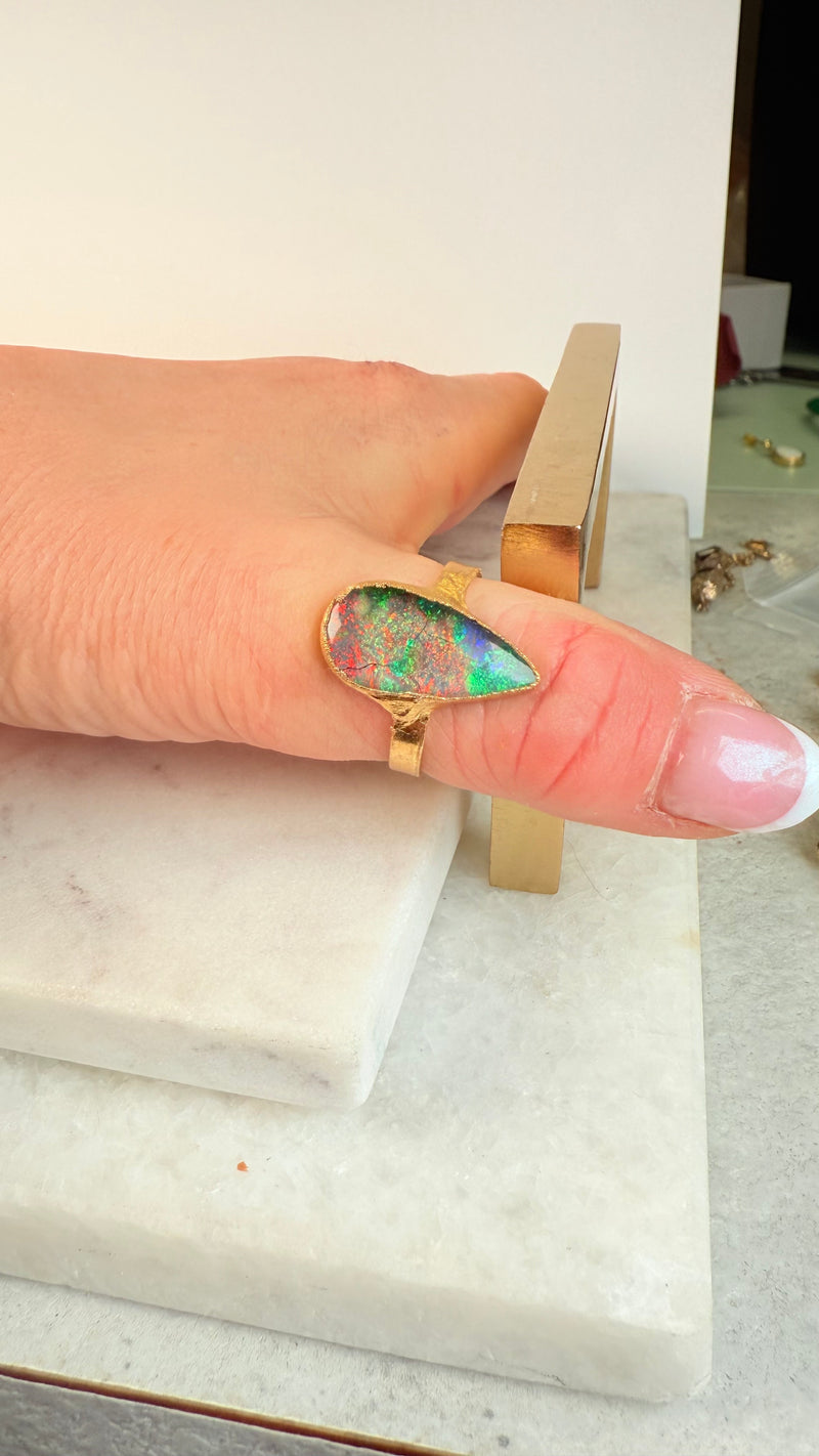 Ring Sterling - Silber - Monarch Opal, Gold plattiert, Größe 60, UNIKAT