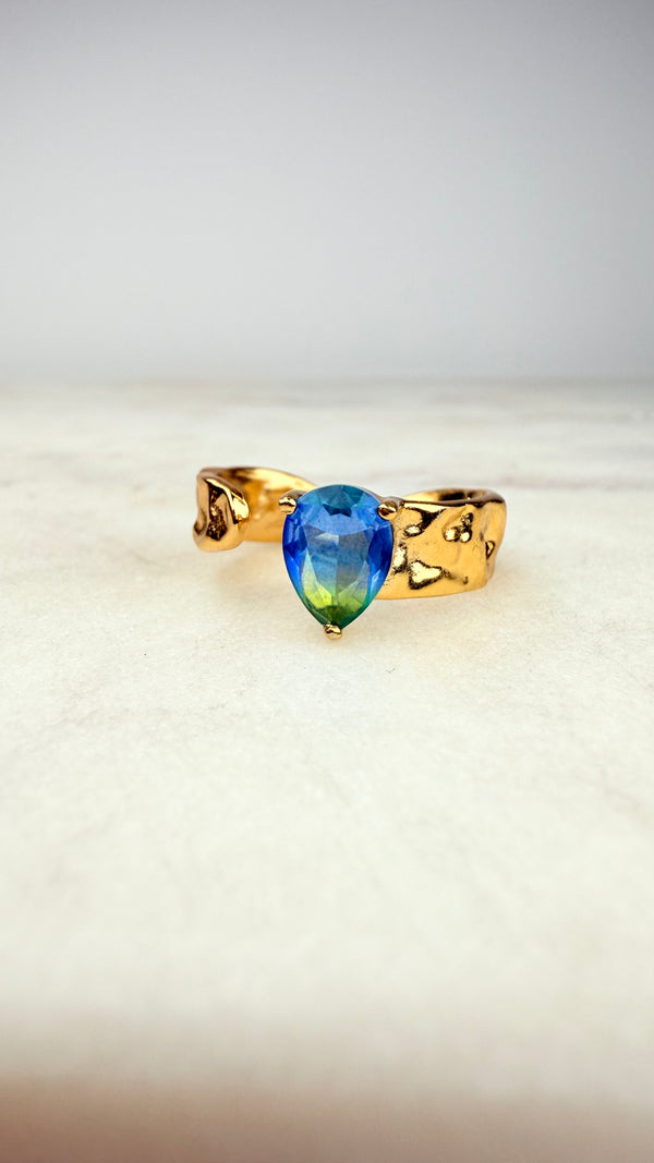 Ring mit blau-grünen Zirkonia, Gold plattiert, verstellbar