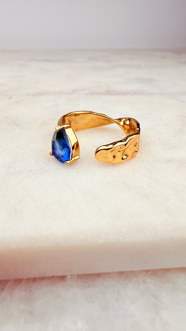 Ring mit blau-grünen Zirkonia, Gold plattiert, verstellbar