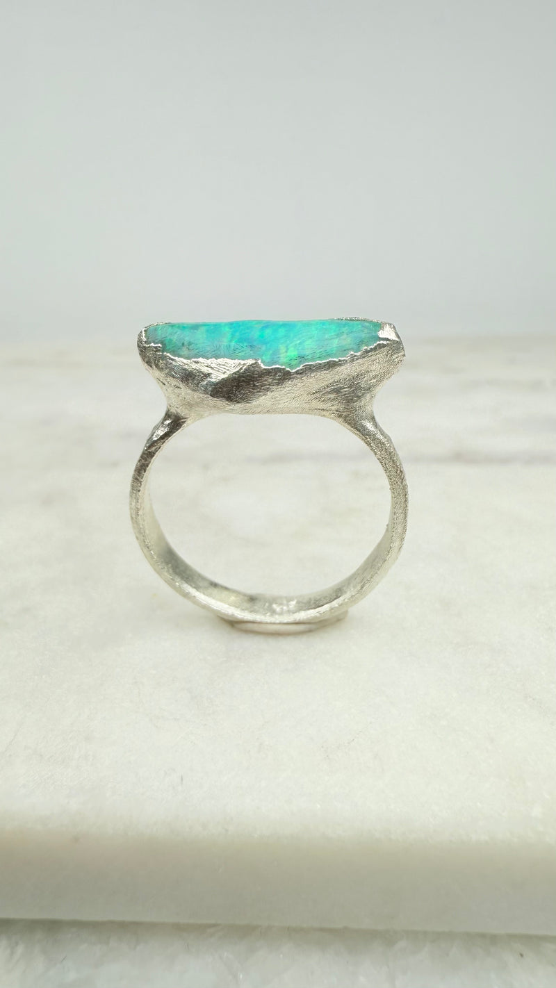 Ring Kristallopal, Rohstein, Silber, Größe 62, UNIKAT