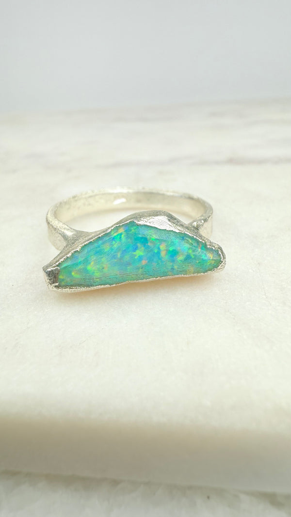 Ring Kristallopal, Rohstein, Silber, Größe 62, UNIKAT
