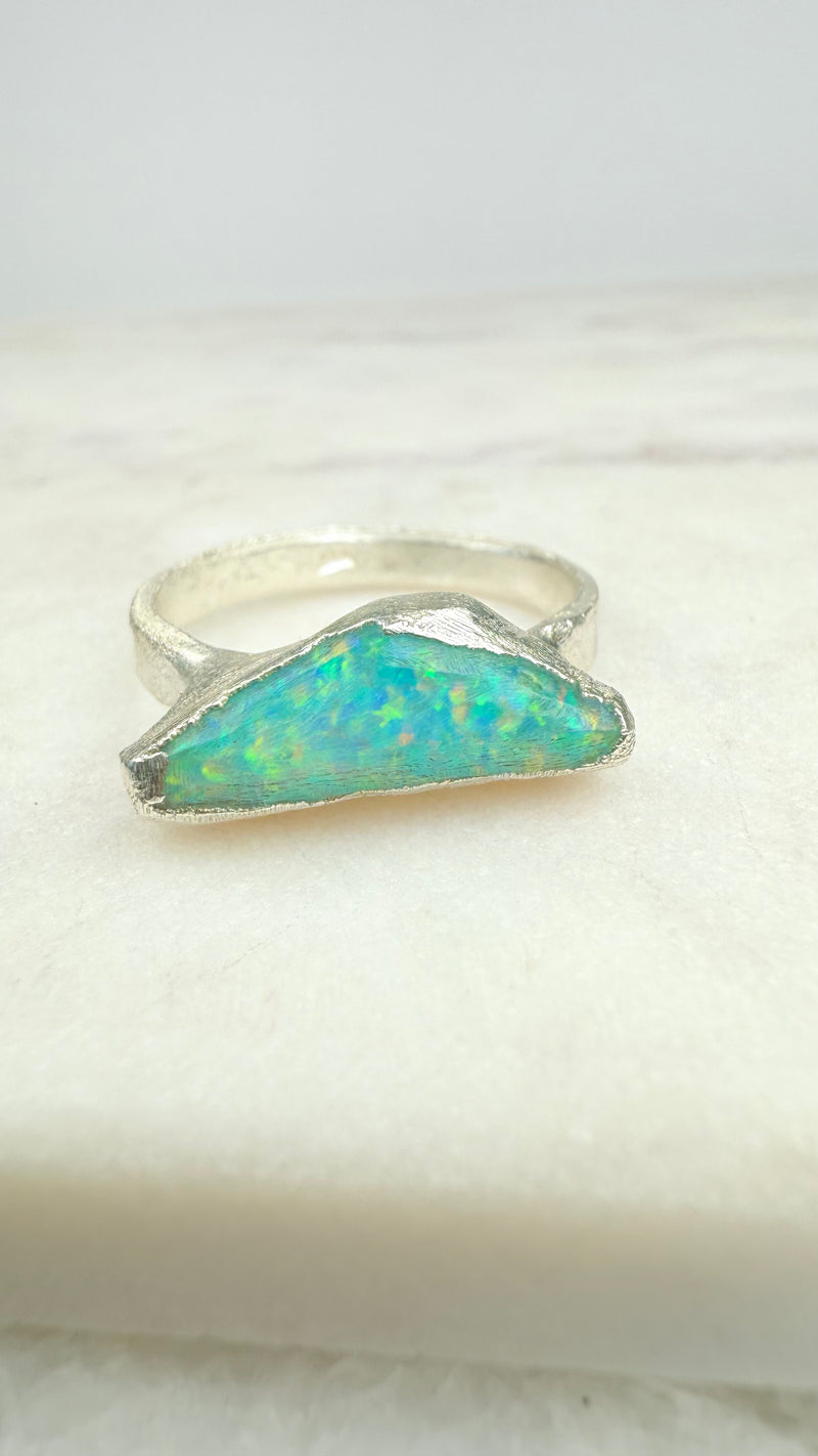 Ring Kristallopal, Rohstein, Silber, Größe 62, UNIKAT
