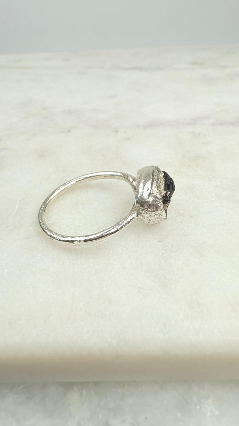 Ring with purple raw tourmaline, special shape, silver - gold plated, size 57
