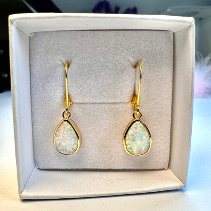 Hoop earrings with drops of opal, real silver-gold plated