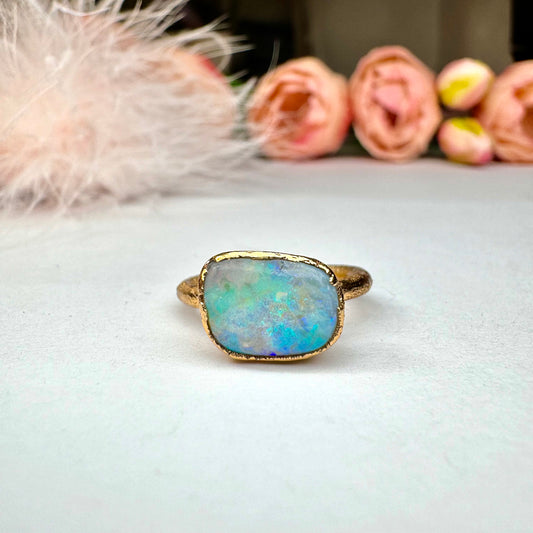 Ring mit Australischen Opal, Silber -  Gold plattiert, Größe 53,5