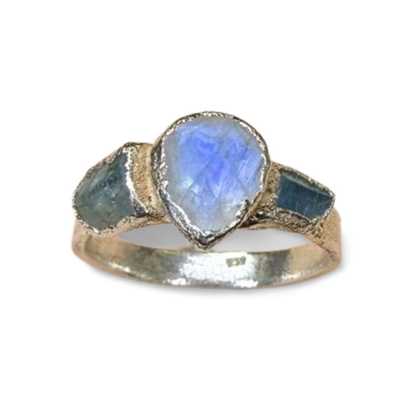 Ring mit Mondstein, roh Aquamarine, Silber, Größe 60