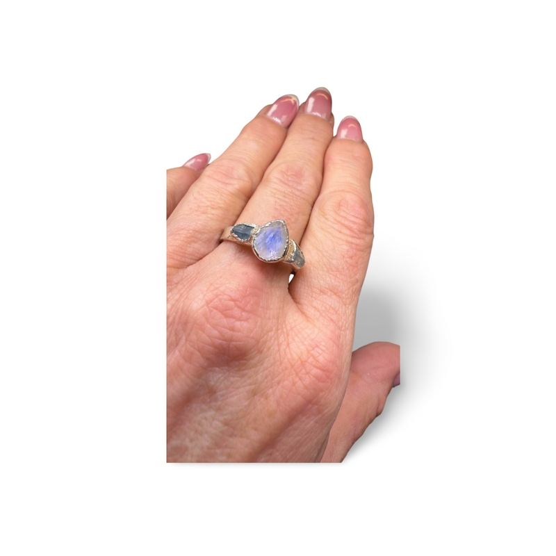 Ring mit Mondstein, roh Aquamarine, Silber, Größe 60