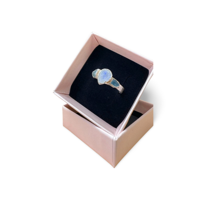 Ring mit Mondstein, roh Aquamarine, Silber, Größe 60