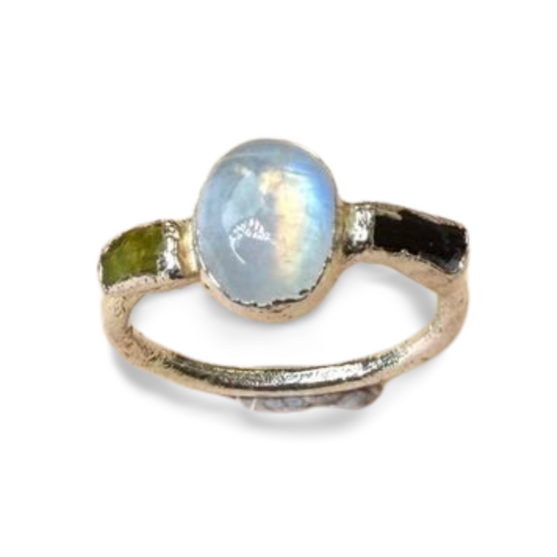 Ring mit Mondstein, roh Aquamarine, Silber, Größe 60