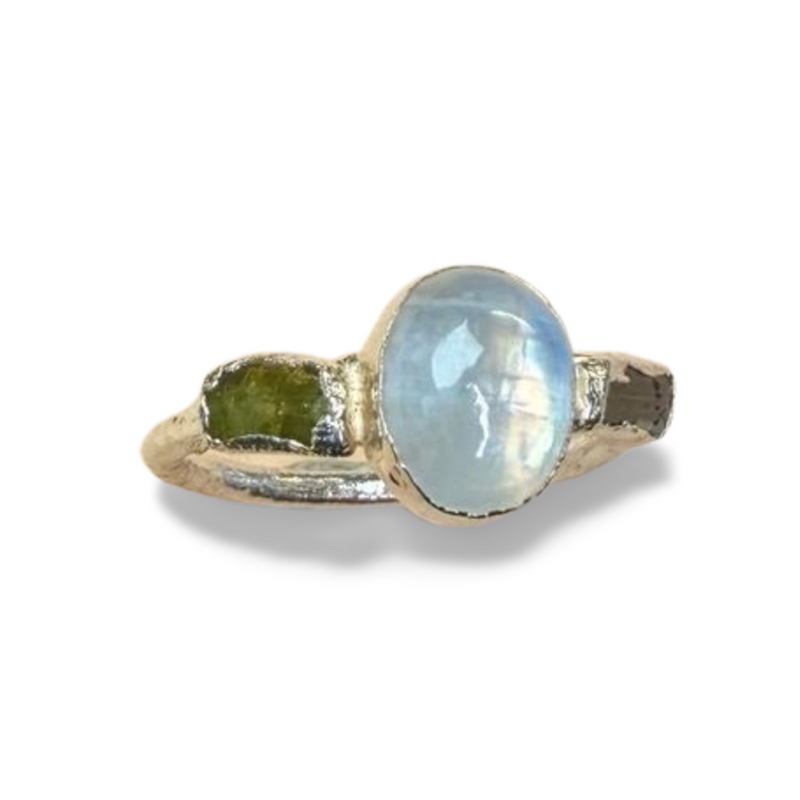 Ring mit Mondstein, roh Aquamarine, Silber, Größe 60
