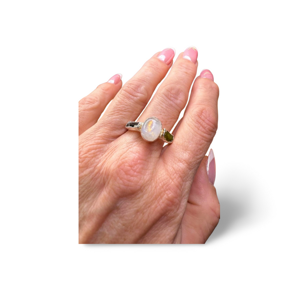 Ring mit Mondstein, roh Aquamarine, Silber, Größe 60