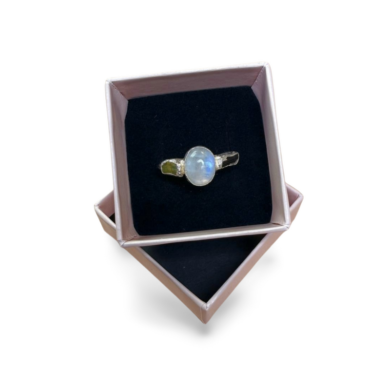 Ring mit Mondstein, roh Aquamarine, Silber, Größe 60