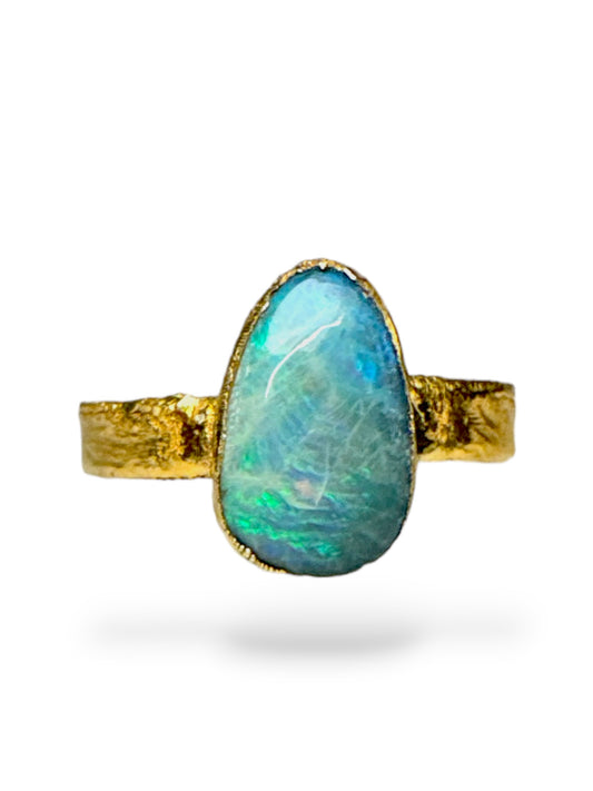 Ring mit Australischen Opal, Silber -  Gold plattiert, Größe 60